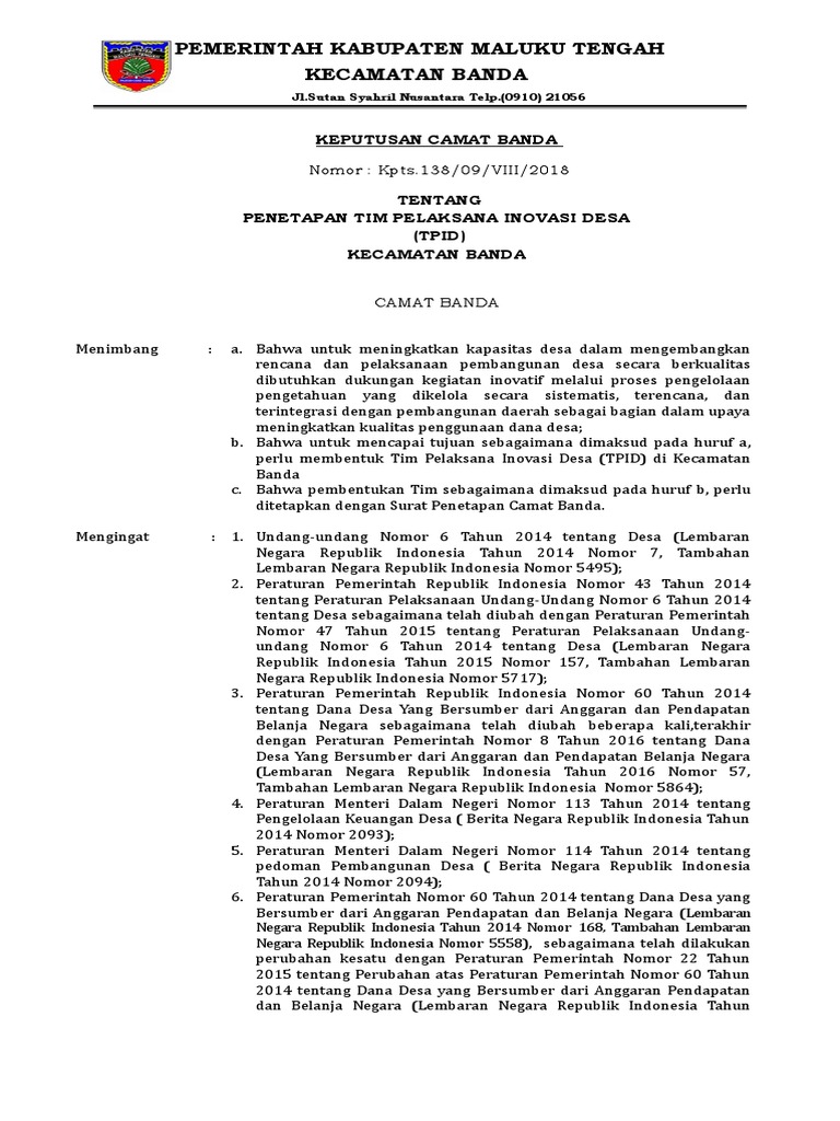 Lampiran 2 Contoh Sk Camat Tentang Tpid