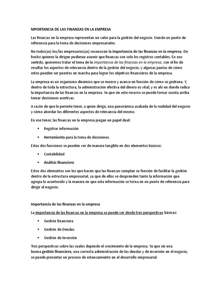Importancia de Las Finanzas en La Empresa | PDF | Planificación ...