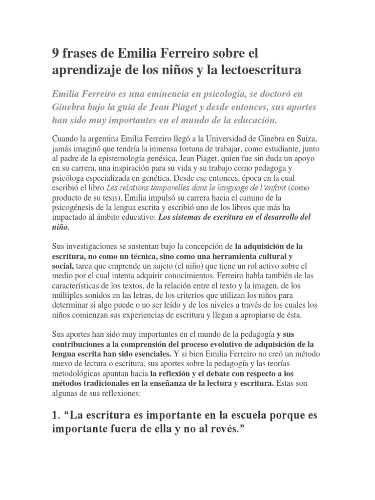 Frases de Emilia Ferreiro sobre alfabetización | PDF | Aprendizaje ...