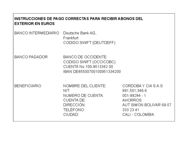 Instrucciones de Pago en Euros a Colombia | PDF | Negocios | Finanzas y ...