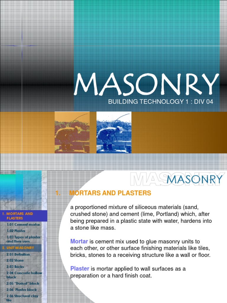 Masonry Techniques in Building Technology | PDF | Masonry | Plaster