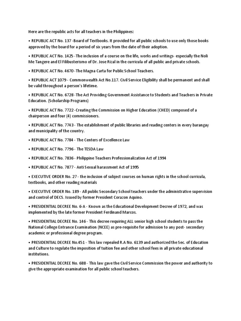 Republic Acts Relevant For LET | PDF | State School | Learning