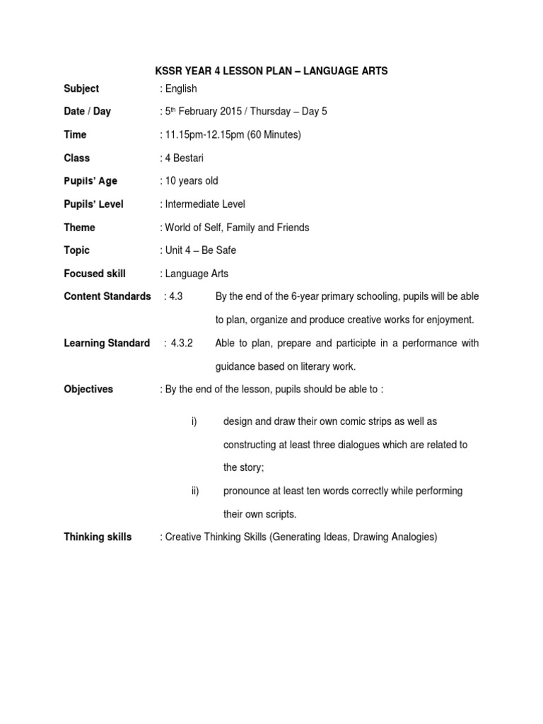 Year 4 Language Arts Lesson Plan | PDF | Lesson Plan | Teachers