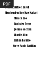 Leader:Jashlee David Member:Pauline Mae Mallari Monica Lao Rodyster Reyes Joshua Gaerlan Charlie Alim Joshua Lalunio Steve Paulo Tabillas