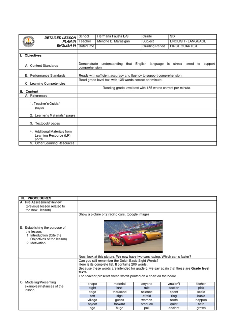 Sixth Grade English Lesson Plan | PDF | Reading Comprehension | Teachers