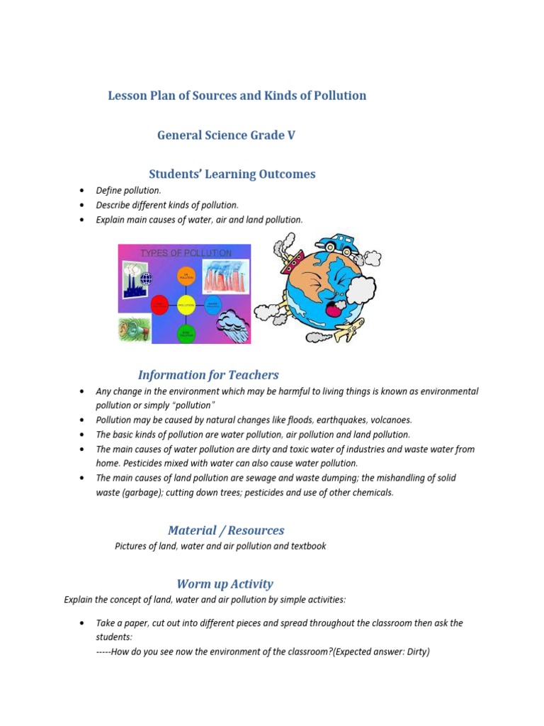 Lesson Plan of Sources and Kinds of Pollution PDF Pollution Water