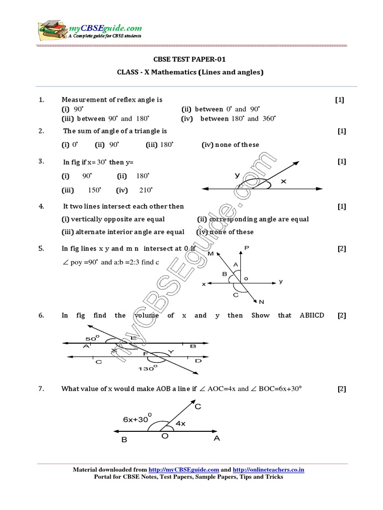 09 Mathematics Lines and Angles Test 01 PDF PDF Angle Elementary