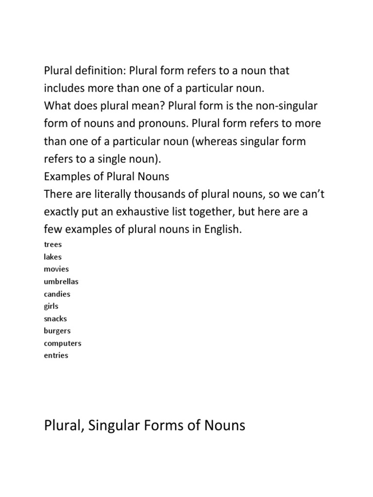 Plural, Singular Forms of Nouns Trees Lakes Movies Umbrellas Candies Girls Snacks Burgers