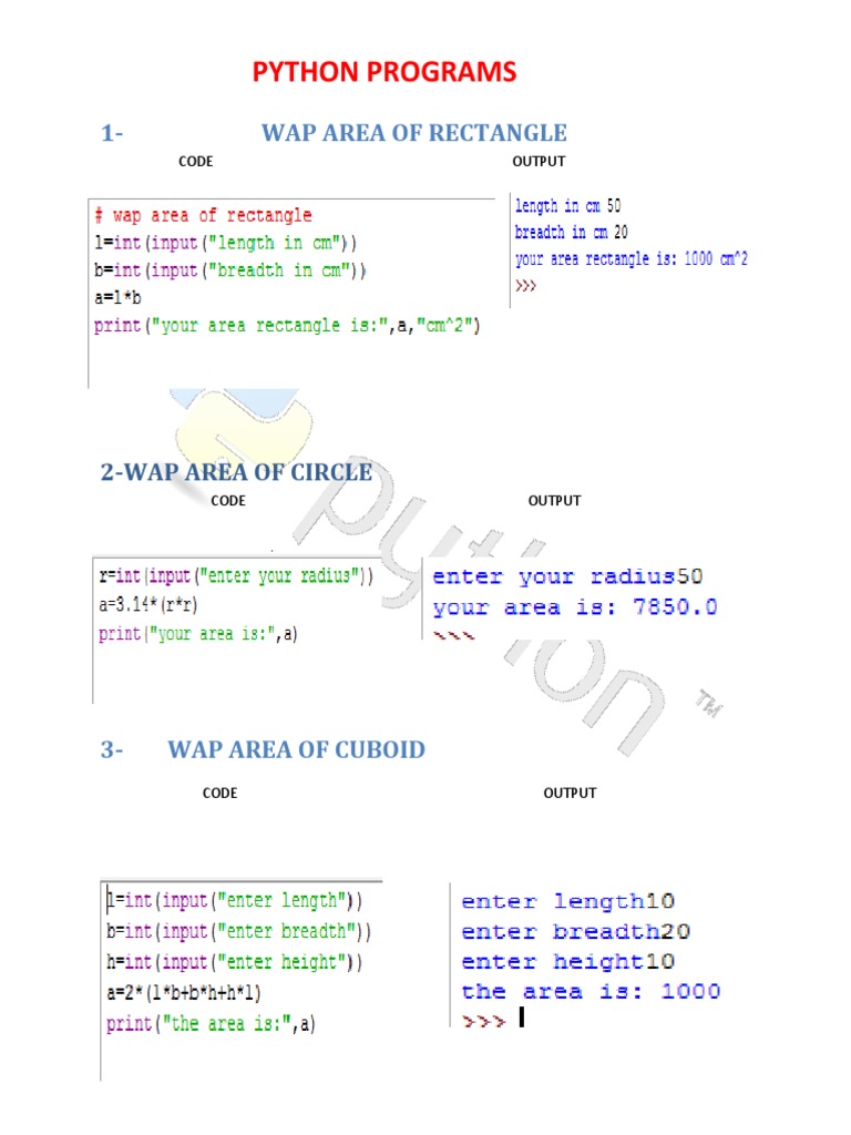Python programs to calculate areas, volumes, patterns & more | PDF ...