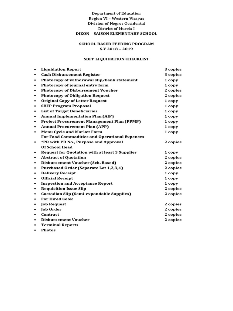 SBFP Liquidation Checklist 2018-2019 | PDF