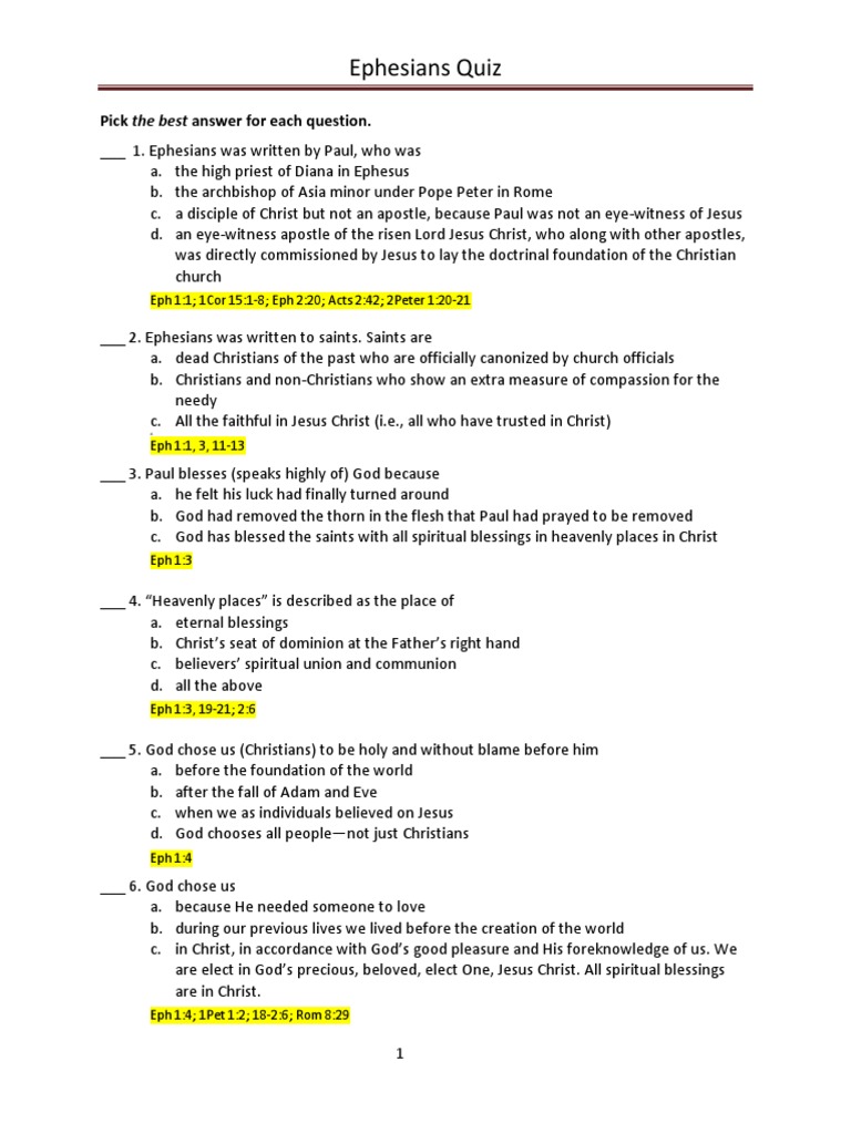 Ephesians Quiz | PDF | Good Works | Jesus