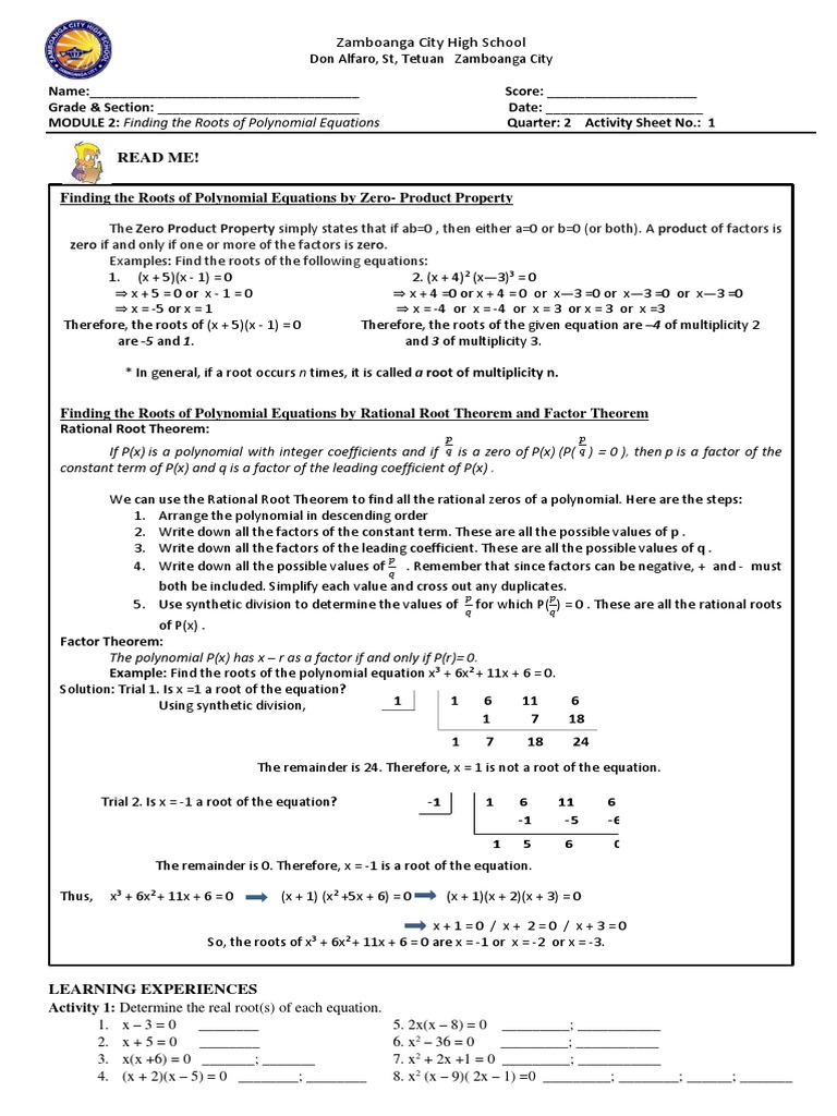 Finding Roots Of Polynomials Worksheets