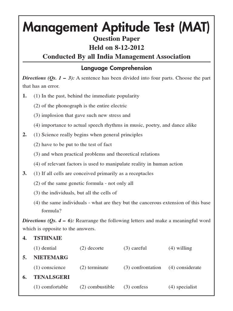 Management Aptitude Test (MAT) : Question Paper Held On 8-12-2012 ...