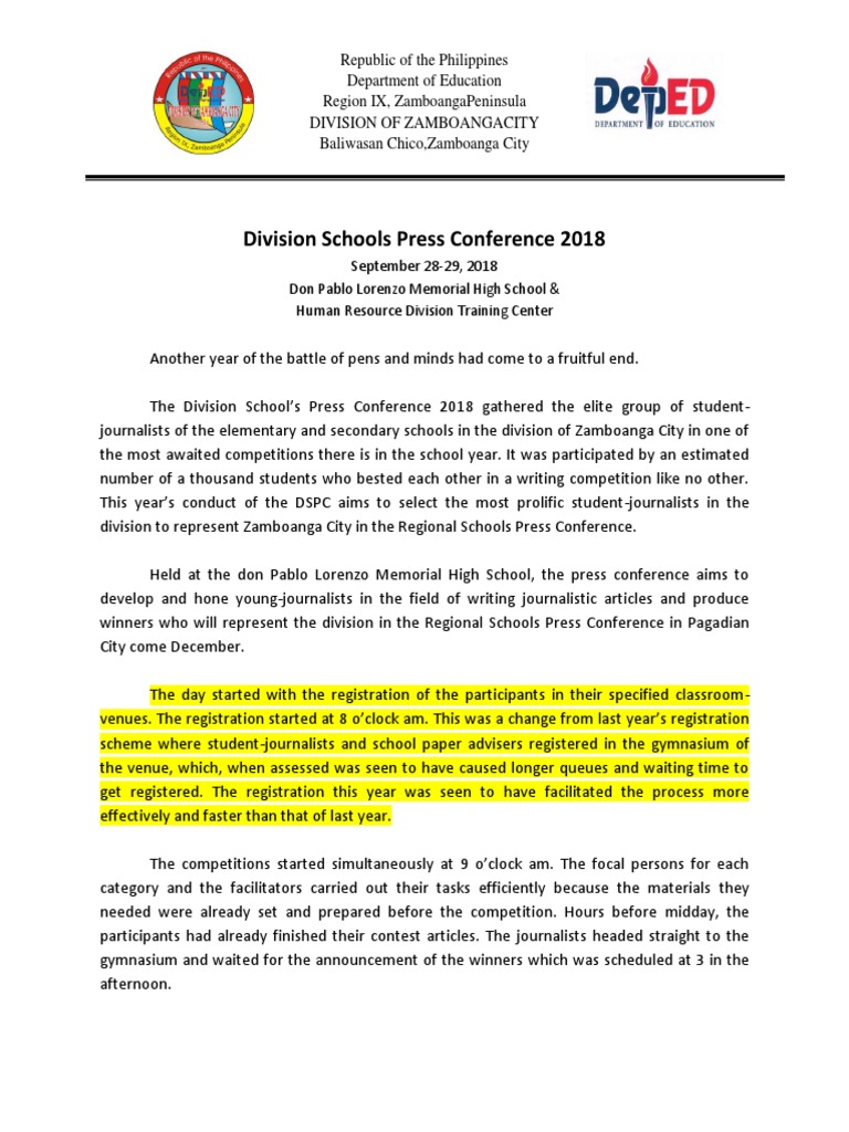 Division Schools Press Conference 2018 | PDF | Learning | Schools
