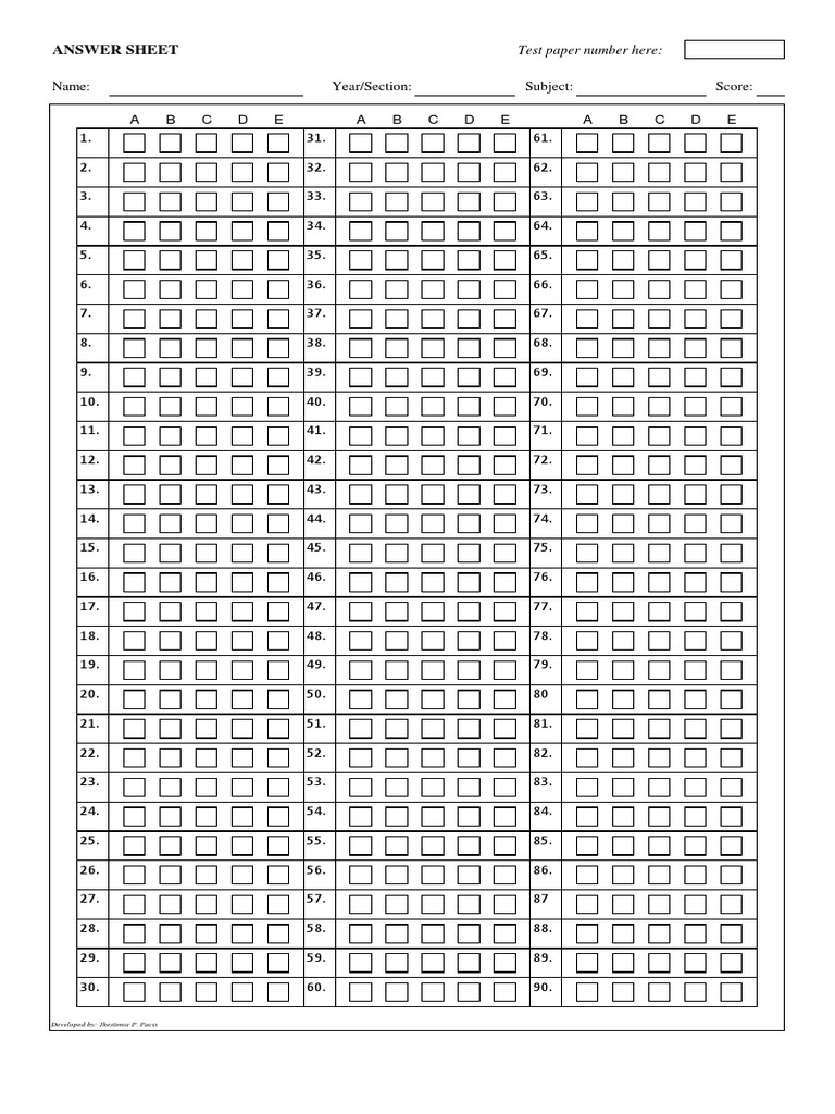 Answer Sheet Name Subject Score A B C D E A B C D E A B C D E Year/Section PDF