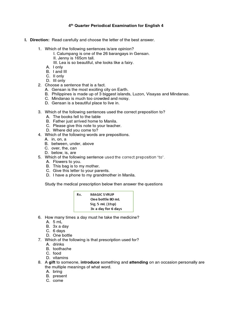 4 Quarter Periodical Examination for English 4