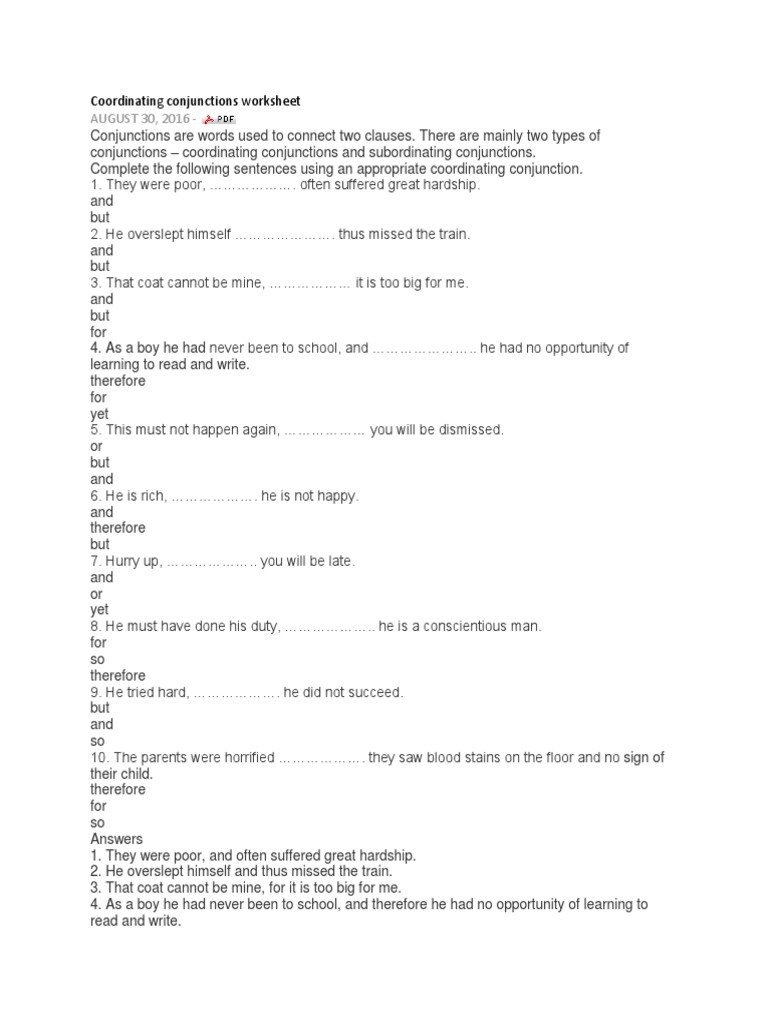 Coordinating Conjunctions Worksheet | PDF