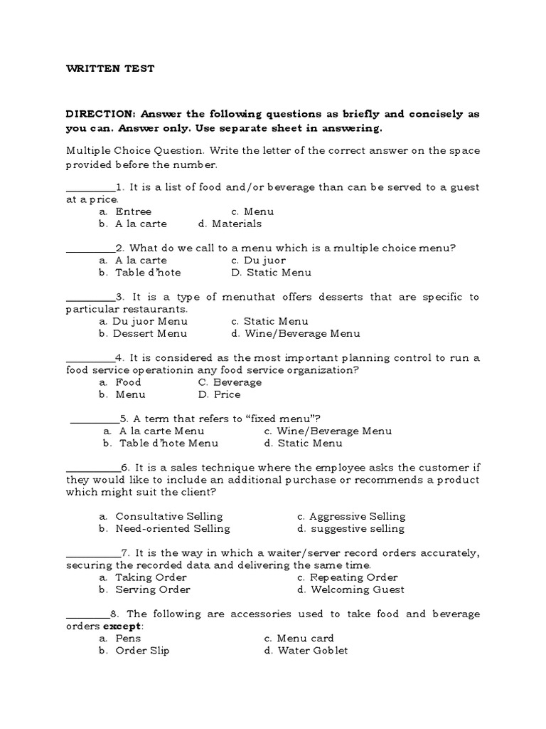 Restaurant Menu Knowledge Test | PDF | Menu | Gastronomy