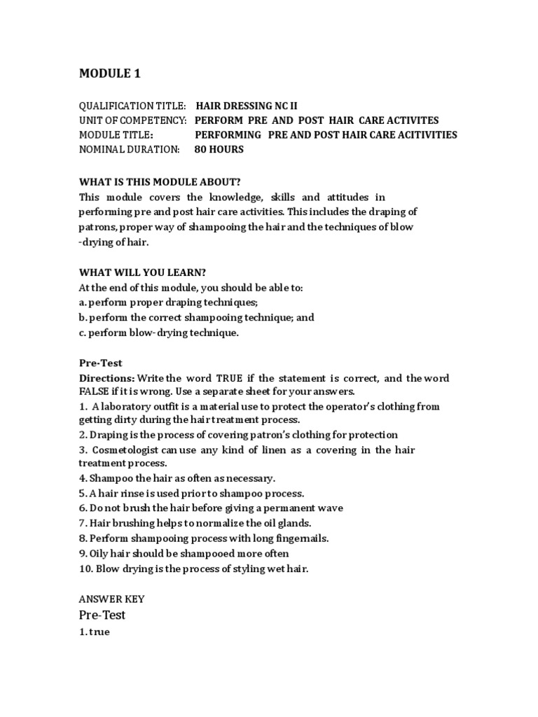 Module 1 - Competency Based - Hairdressing | PDF | Shampoo | Beauty