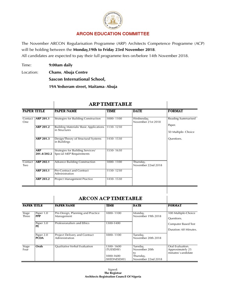 ARCON November 2018 Exam Schedule | PDF | Business
