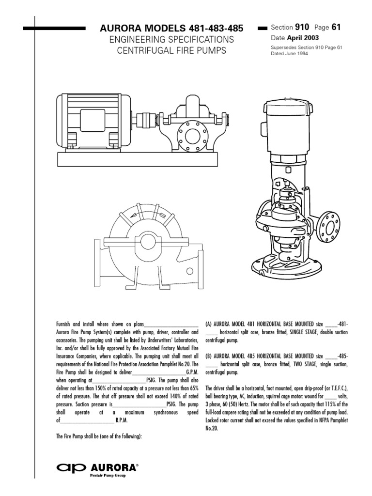 Aurora Fire Pump Engineering Specs | PDF | Pump | Engines