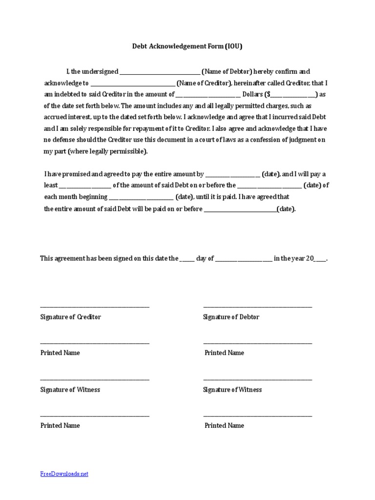 I Owe You Debt Acknowledgment Form  PDF  Debtor  Debt Within Iou Letter Template