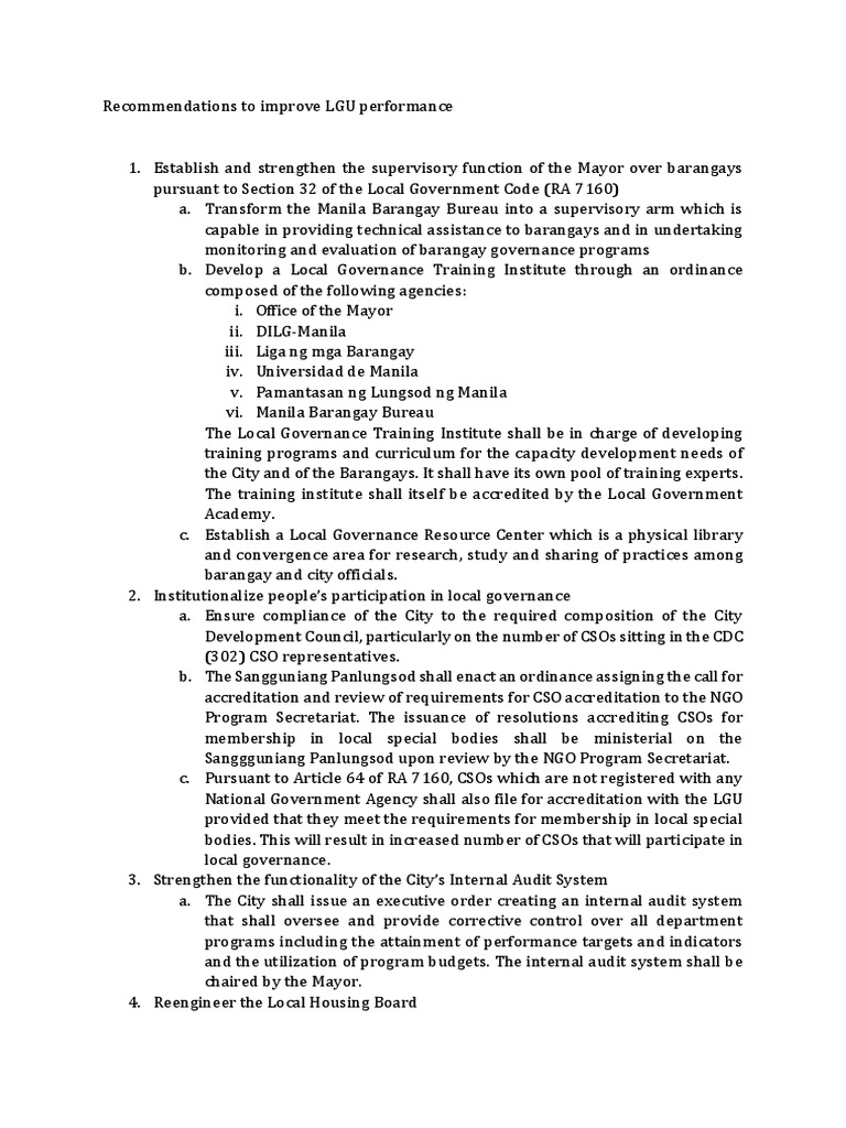 Recommendations To Improve LGU Performance | PDF | Internal Audit | Justice