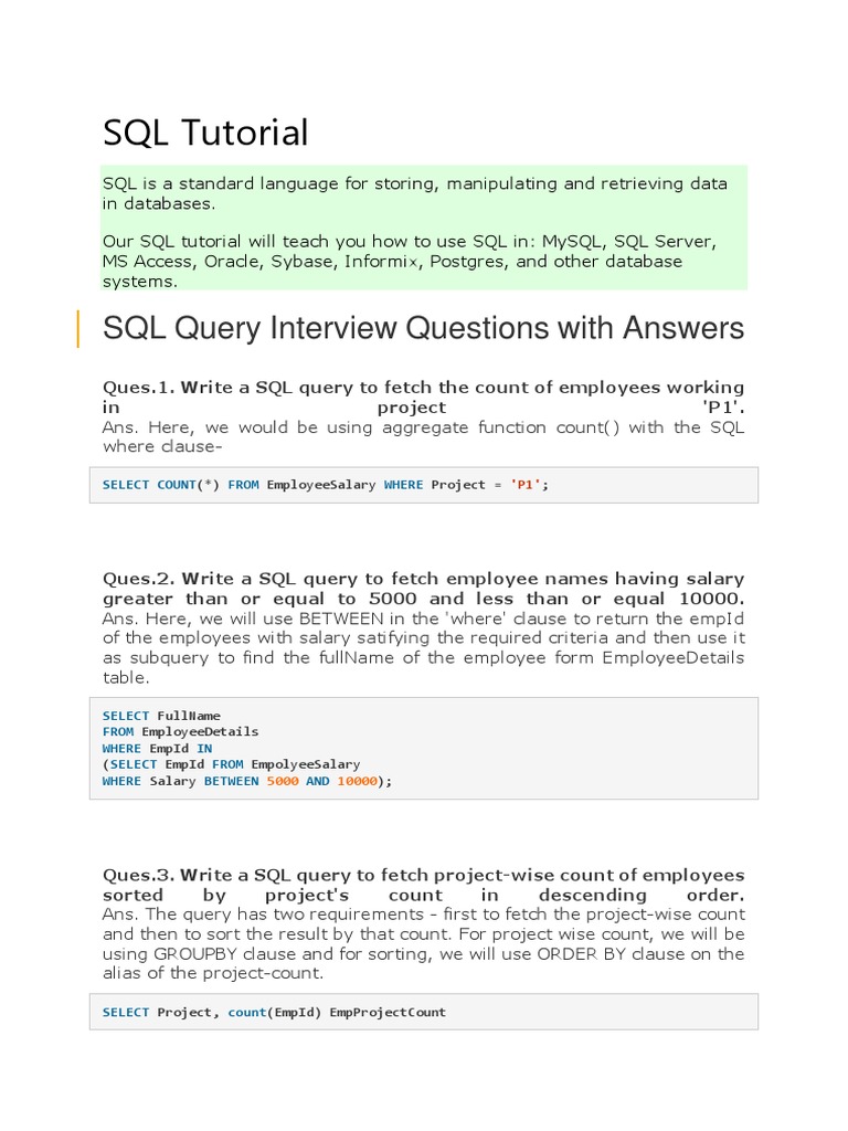 SQL Tutorial: SQL Query Interview Questions With Answers | PDF | Sql ...