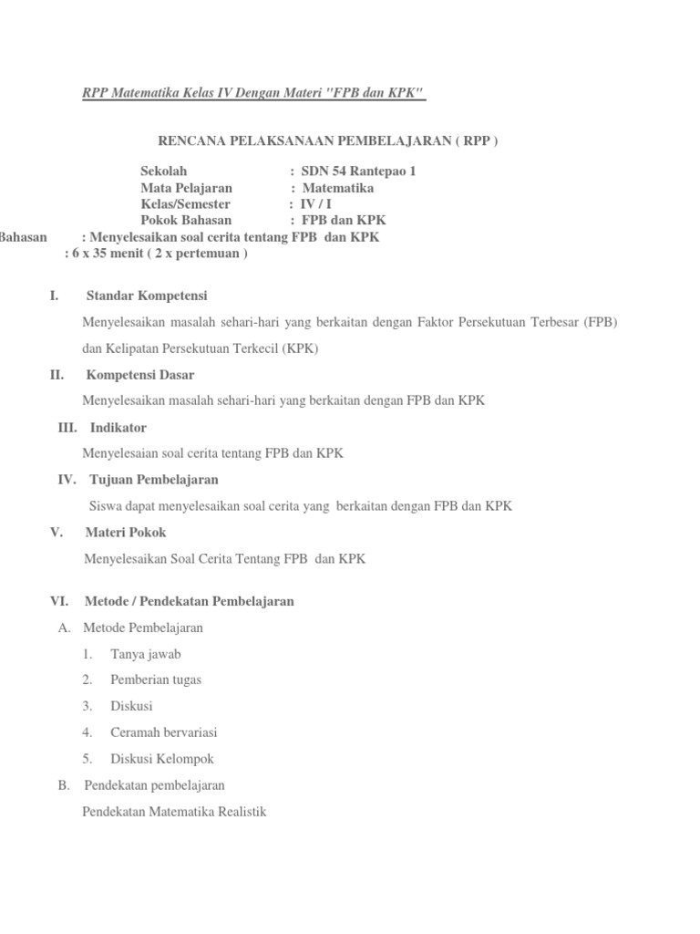 RPP FPB dan KPK Kelas IV SD | PDF | Karier & Perkembangan