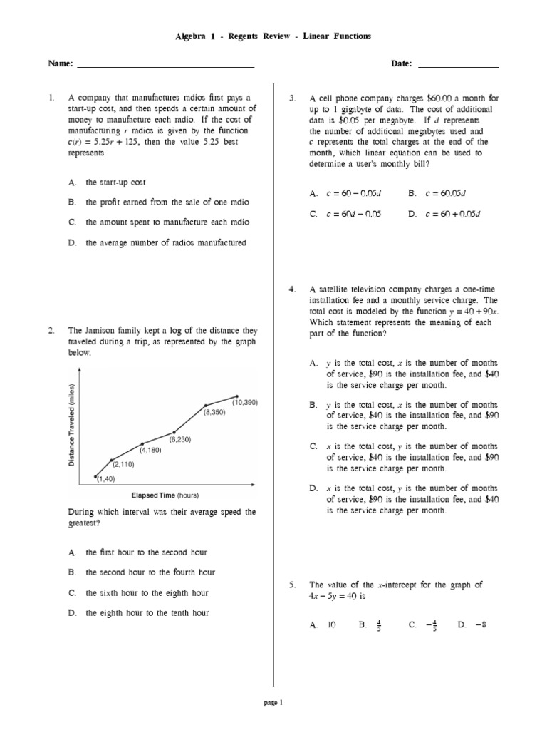 Algebra 1 Regents Review Lin PDF Mathematical Analysis
