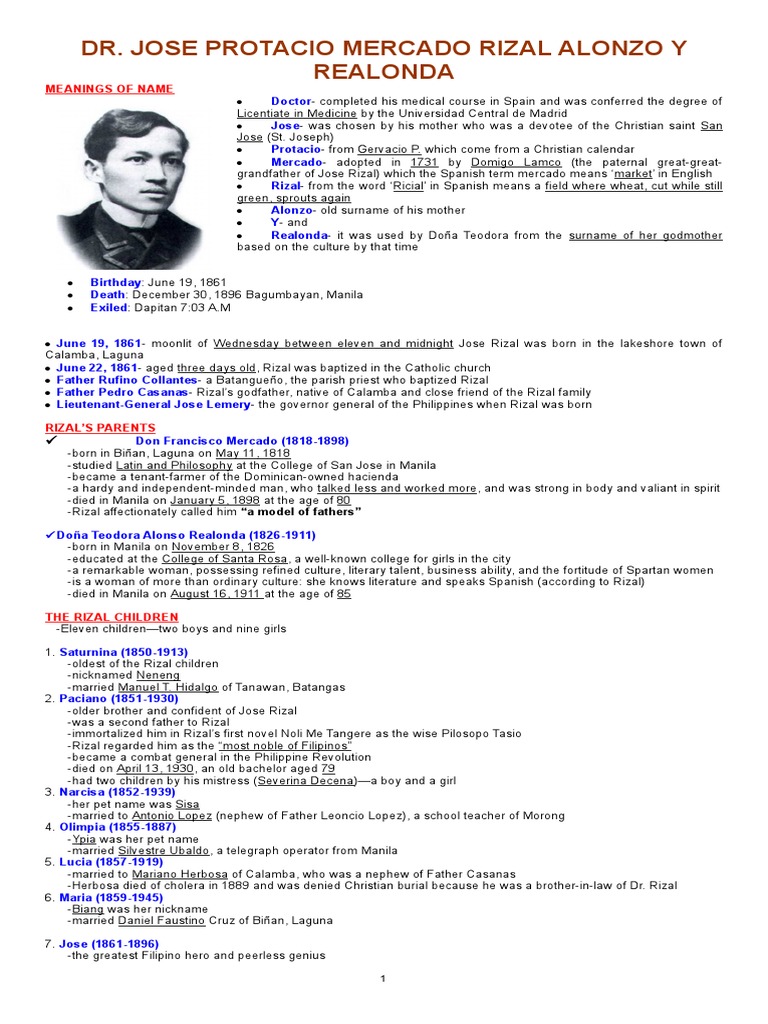 JOSE RIZAL Notes | PDF | Doctorate