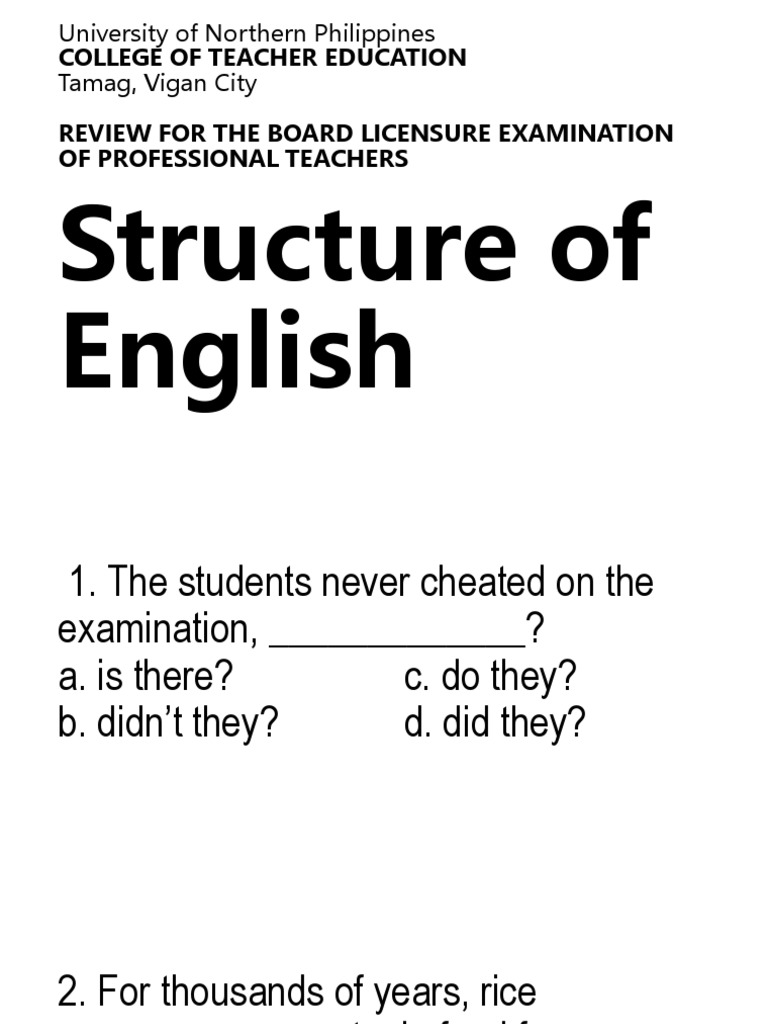 Structure of English: College of Teacher Education Review For The Board ...