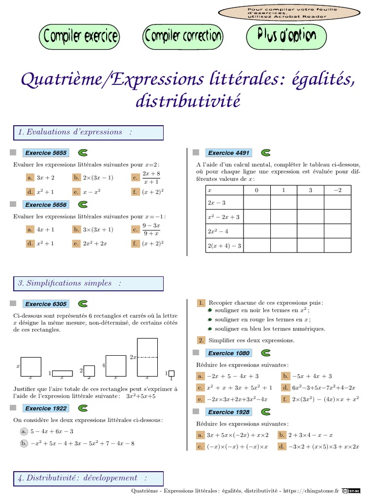 Reduire Une Expression Litterale 4eme Exercices Expressions Litterales Egalites Distributivite | PDF | Mathématiques  élémentaires | Enseignement des mathématiques