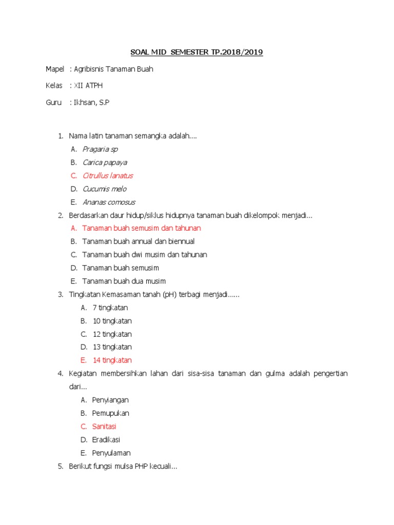Soal Semester 1 Agribisnis Tanaman Buah Xii Atph