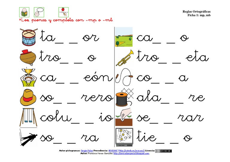 Ficha 1 - Reglas Ortográficas: mp, mb (ARASAAC)