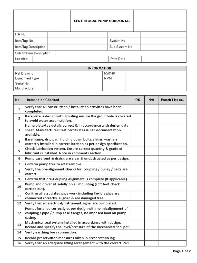 Pump Check Sheet PDF Pump Pipe (Fluid Conveyance)