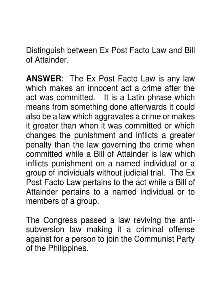 Crimlaw Distinguish Between Ex Post Facto Law And Bill Of Attainder Pdf