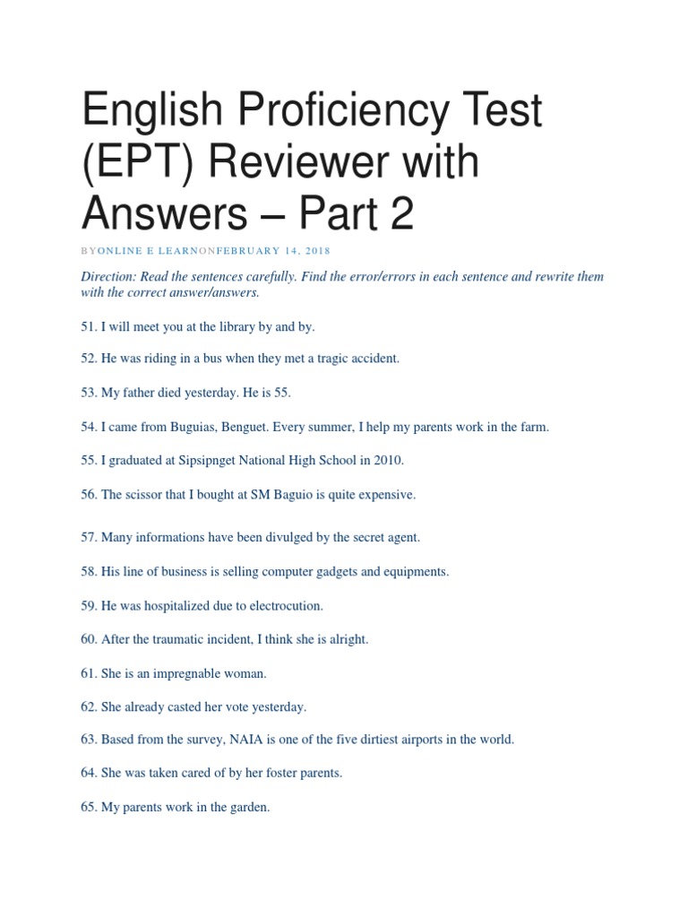 English Proficiency Test (EPT) Reviewer With Answers - Part 2 | PDF