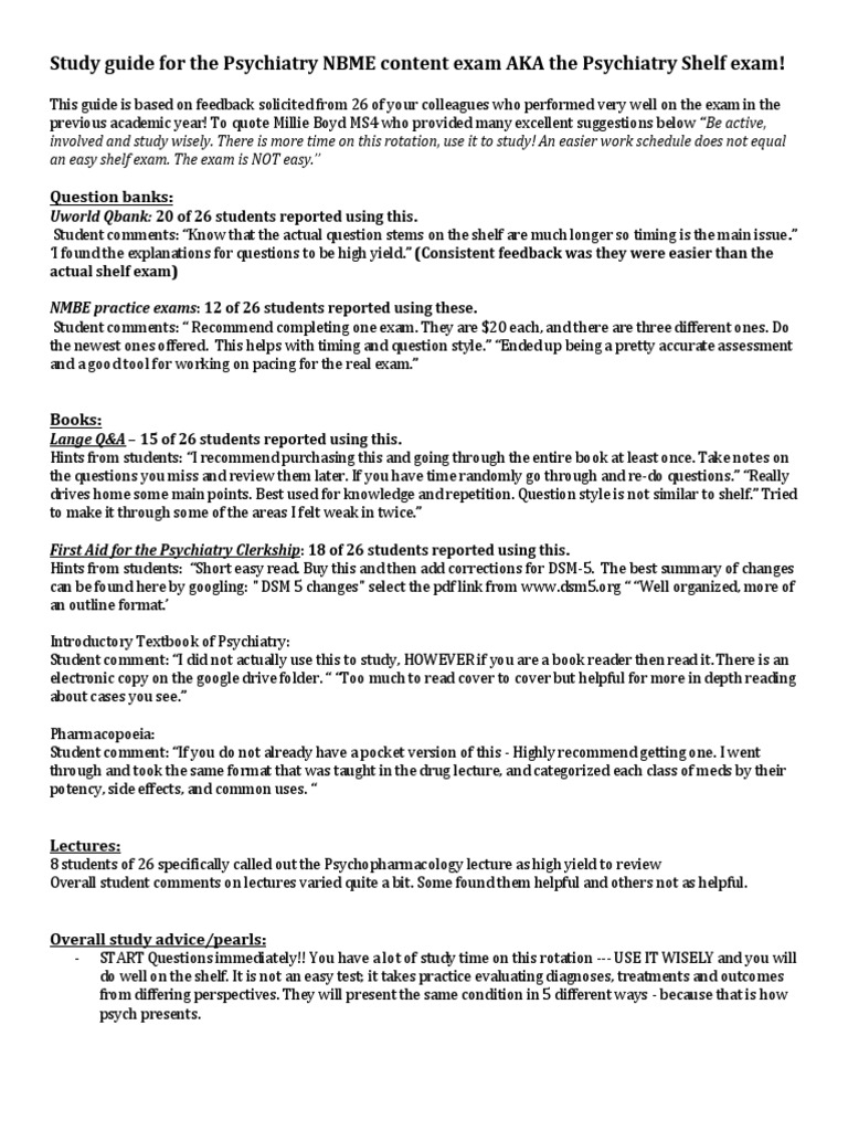 Study Guide For The Psychiatry NBME Content Exam AKA The Psychiatry