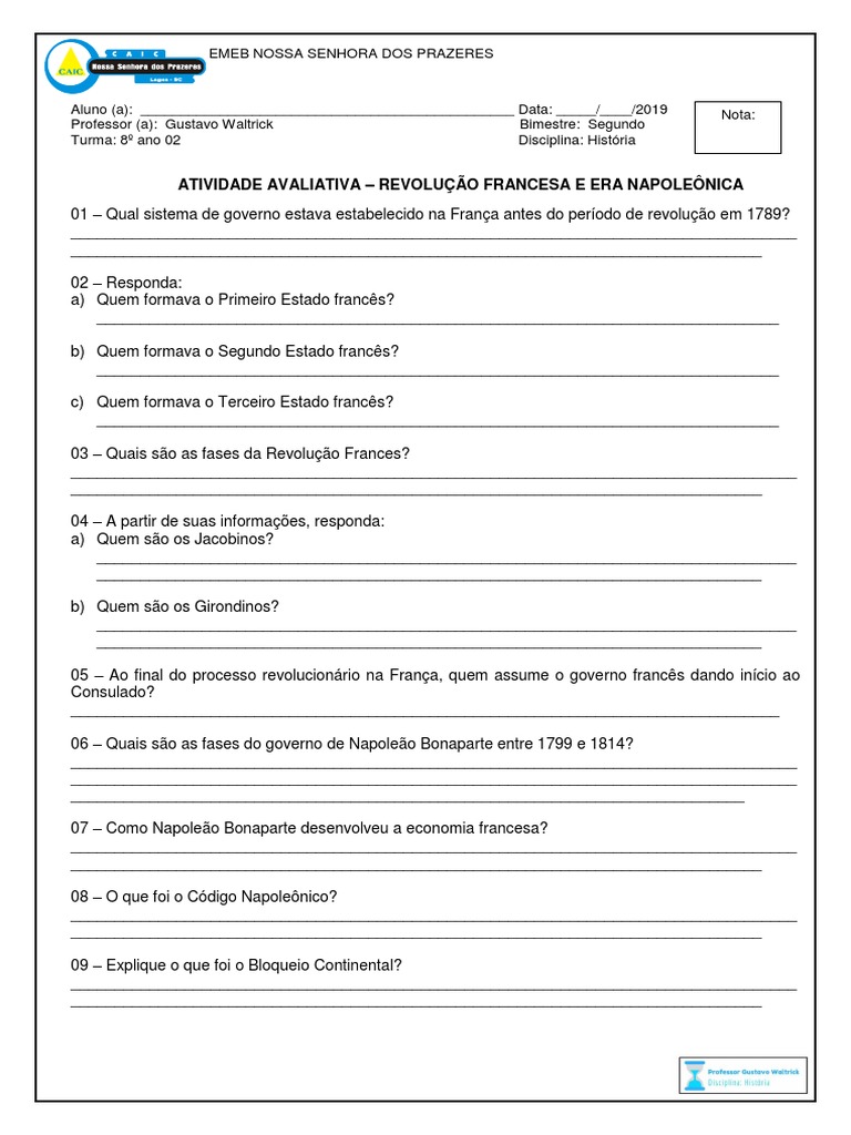 Atividade Avaliativa - 8º Ano - Revolução Francesa - Era Napoleônica ...