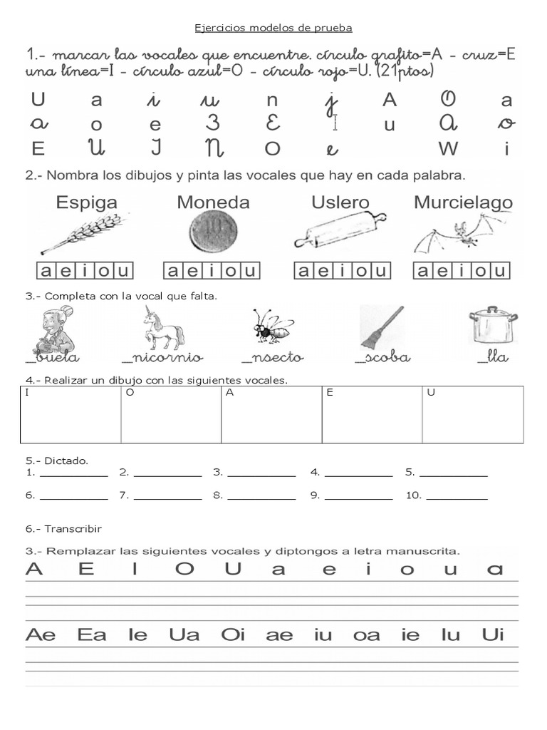 Ejercicios de Evaluación de Vocales | PDF | Artes del Lenguaje y ...