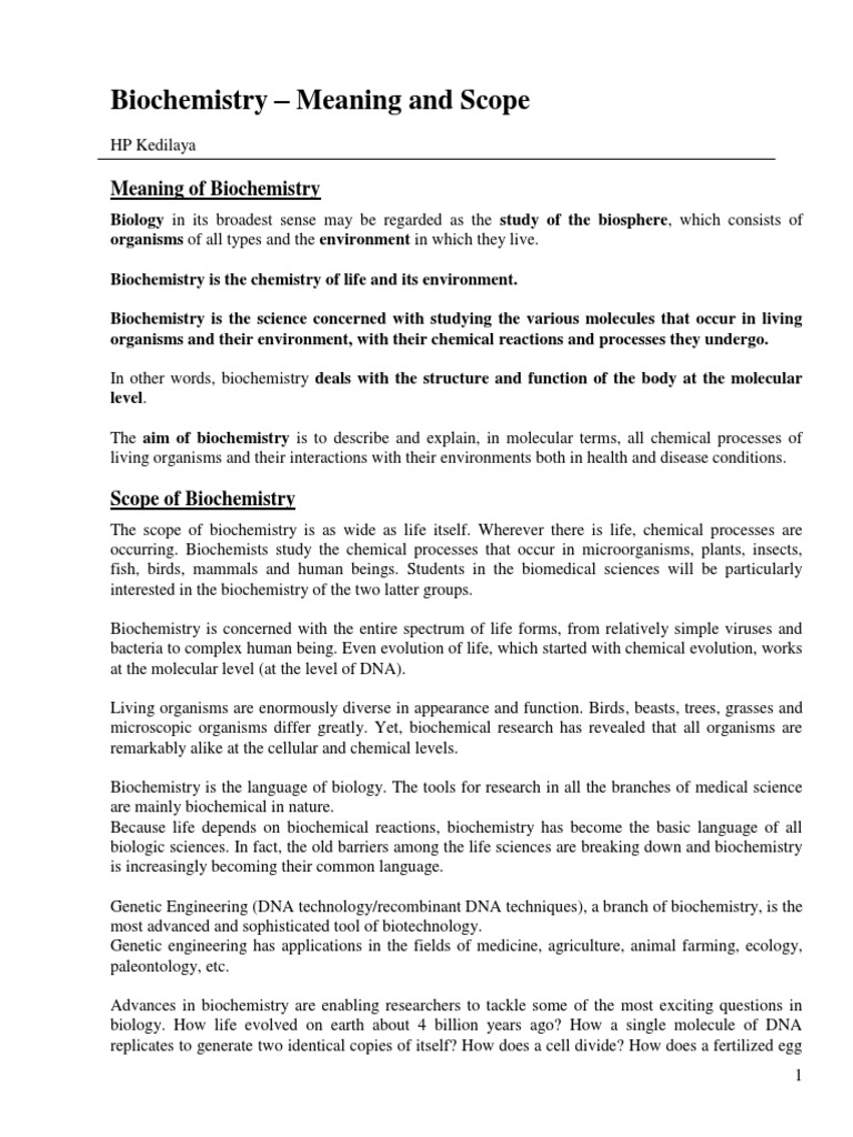 Biochemistry Meaning & Scope PDF Biochemistry Chemistry