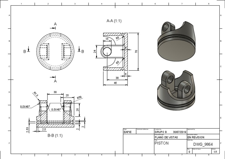 2D Piston Technical Drawing with Dimensions | PDF