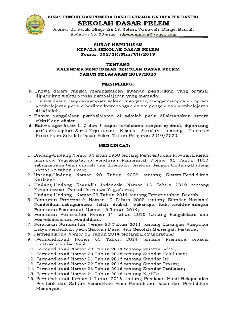 Sk penetapan kalender pendidikan sekolah