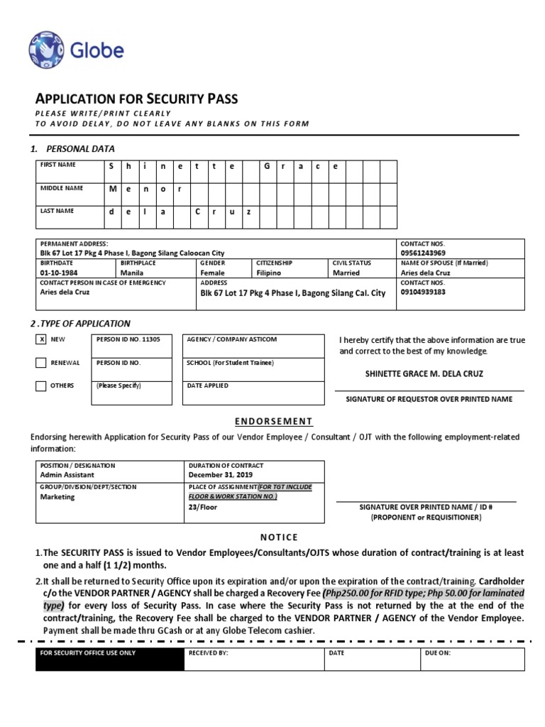 Security Pass Application Form | PDF | Justice | Crime & Violence