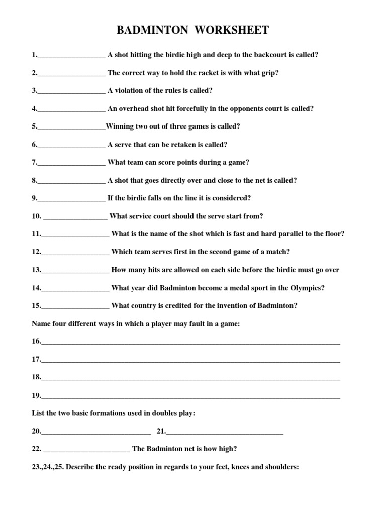 Badminton Worksheet and Quiz Questions | PDF | Sports & Recreation ...