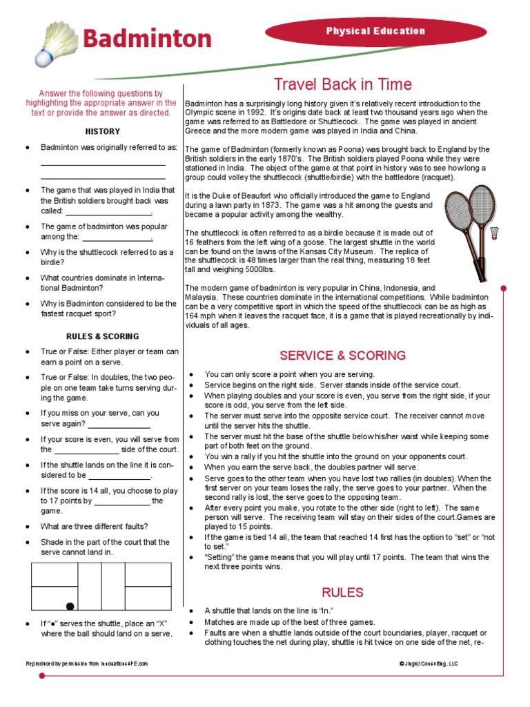 Badminton Worksheet 2 PDF Racquet Sports Athletic Sports