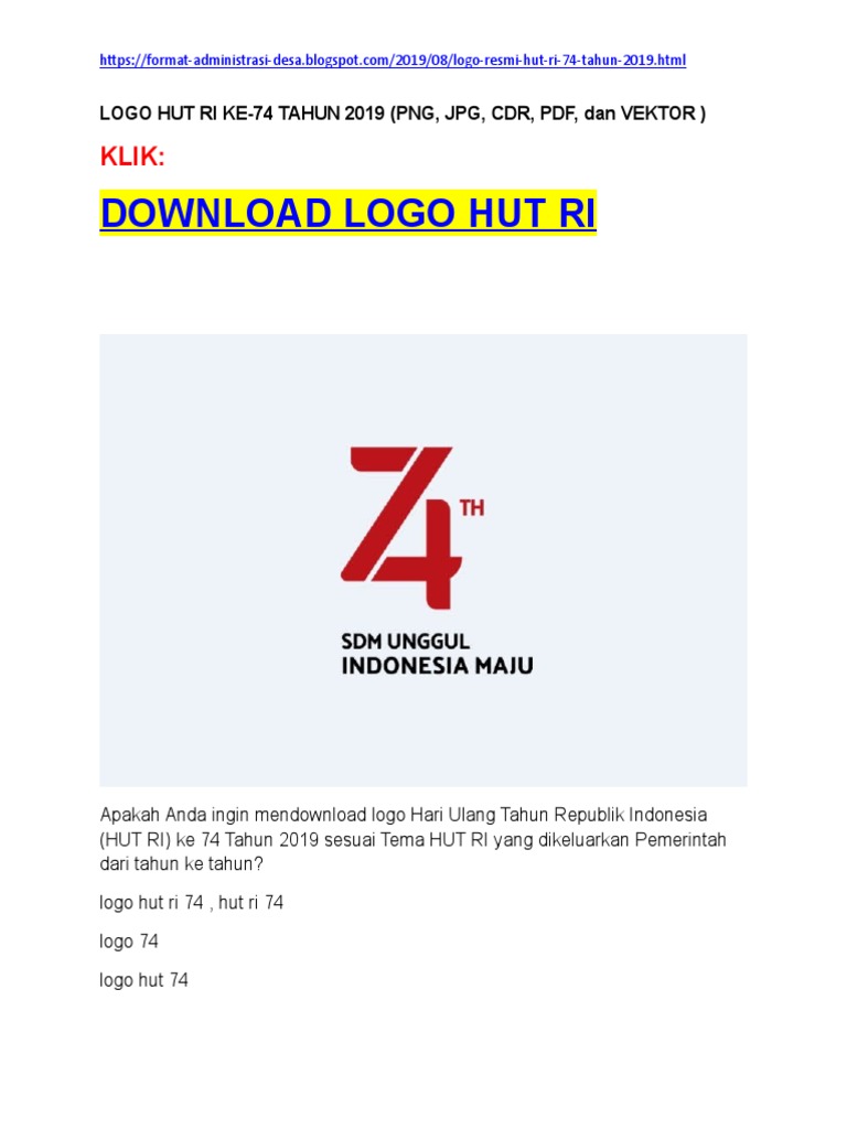 Logo Hut Ri Ke 74 Tahun 2019 Format Gambar Png Jpg Cdr Pdf