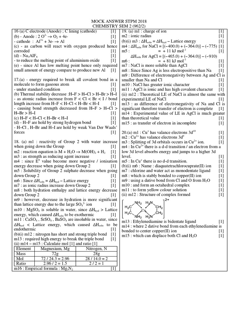 STPM 2018 Chemistry Sem 2 Mock Answers | PDF | Ionic Bonding | Hydrogen