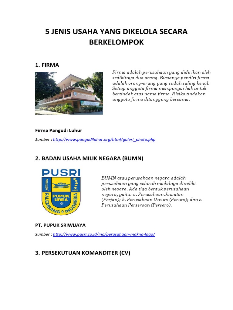 5 Jenis Usaha Yang Dikelola Secara Berkelompok
